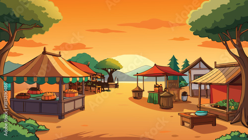Orange sunset haze drifting over an Asian village beneath a giant tree vector illustration ai generated art