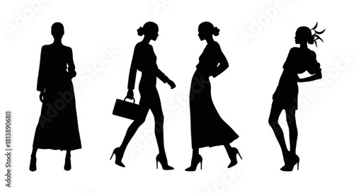 Female Model Silhouette Vector Showing Sequential Fashion Poses — Standing, Walking, Profile, Stylized Lean

