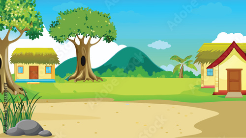 Radiant orange sunset descending on a deep Asian village with one massive tree vector illustration ai generated art