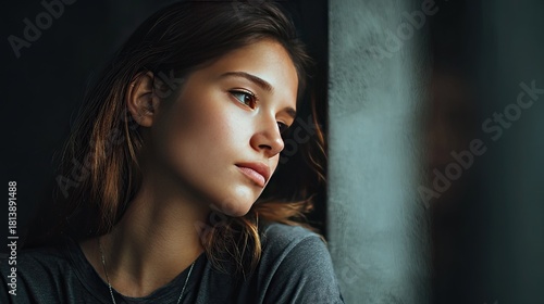 Introspective Gaze: A pensive woman gazes out a window, lost in thought. The image is evocative of contemplation, quiet reflection, and moments of introspection. 