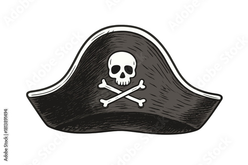 Classic pirate tricorn hat with skull and crossbones emblem isolated on white background
