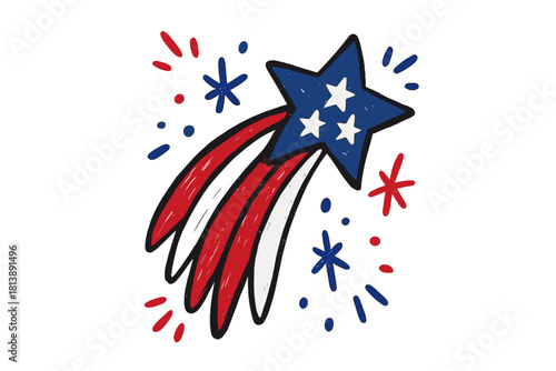 Stylized patriotic shooting star with American flag colors and festive sparkles