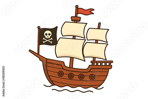 Detailed cartoon pirate ship sailing across the vast ocean waves flying a prominent Jolly Roger flag