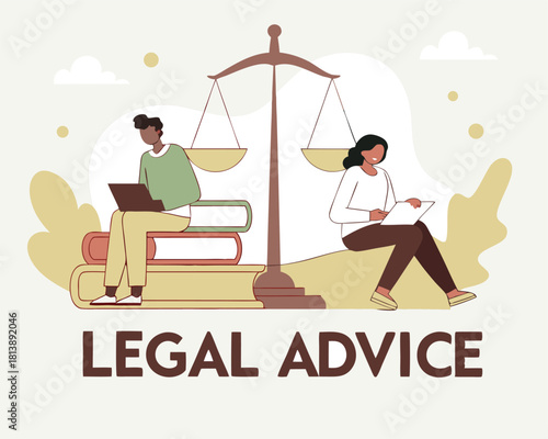 Professional legal professionals providing expert advice with scales of justice illustration on a white background