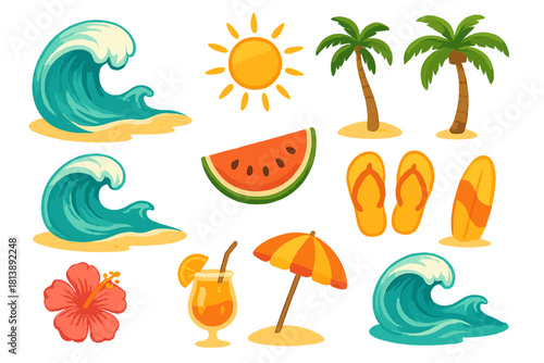 Tropical summer beach vacation elements set including ocean waves, palm trees, and refreshing fruit