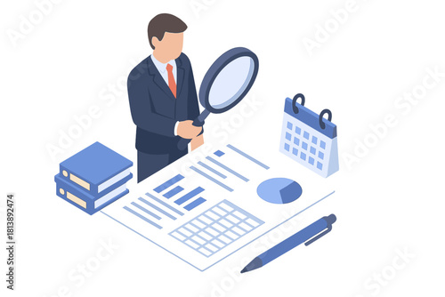 Professional examining business reports and financial data with a magnifying glass for auditing