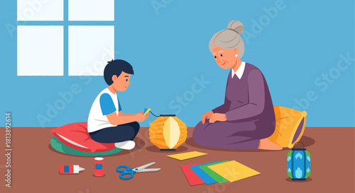 Grandmother and grandson creating colorful lanterns during craft session in a