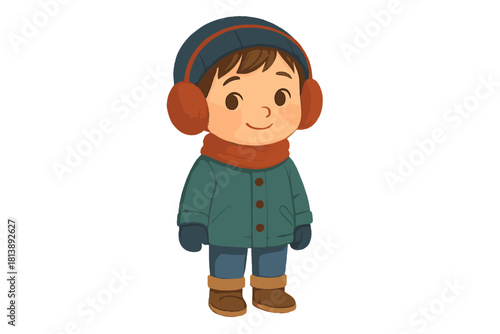 Cute young child wearing warm winter clothes, jacket, scarf, hat, and earmuffs