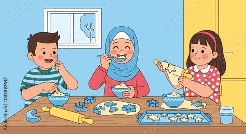 Joyful family baking cookies together in a bright kitchen during daytime with