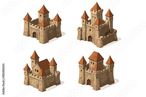 Isometric medieval fantasy castles set with stone walls and pointed red roofs