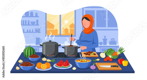 Woman Preparing Healthy Vegetarian Meal with Fresh Fruits and Vegetables in