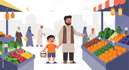 Family Enjoying a Vibrant Outdoor Market with Fresh Produce and Friendly