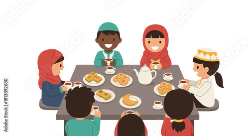 Diverse group of children sharing a joyful meal with snacks and tea