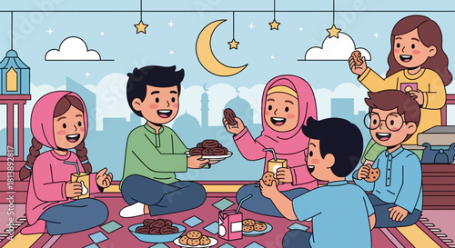 Family enjoying a cozy nighttime outdoor gathering with desserts under moonlight