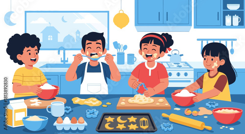 Joyful children baking and decorating cookies together in a bright modern