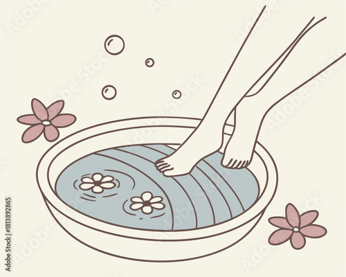 Relaxing spa treatment featuring a foot bath with flowers and bubbles in a minimalist illustration