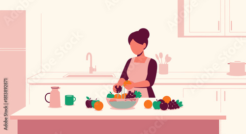 Modern illustration of a woman preparing a healthy fruit salad in bright