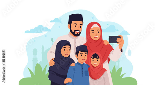 Multicultural family taking a group selfie outdoors in a park sunny day