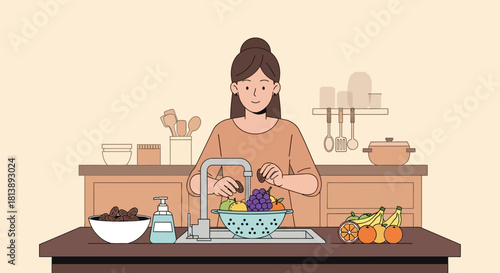 simple kitchen scene with a woman preparing a fresh fruit salad at home