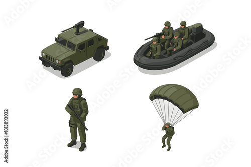 Isometric military set featuring army soldiers, tactical vehicle, rubber boat, and paratrooper descending