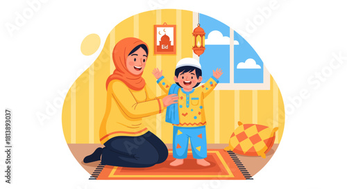 joyful mother and son celebrating together in a vibrant indoor setting with