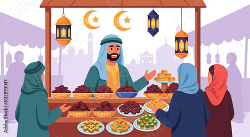 traditional marketplace stalls with Middle Eastern vendor serving customers