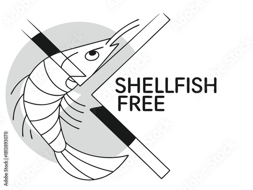 Shellfish free sign with a shrimp illustration and a graphic design suitable for allergy awareness.