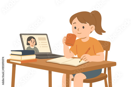 Focused young woman studying online at a desk, participating in a video conference lesson