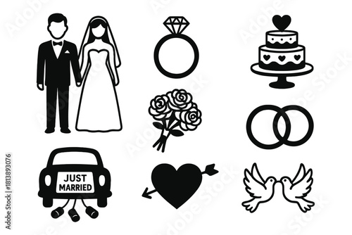 Simple black and white wedding and marriage symbols featuring bride, groom, rings, cake, and doves