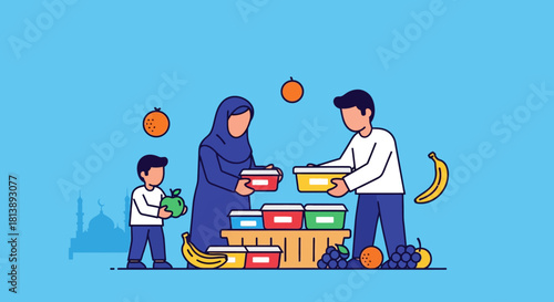 Family Shopping for Fresh Fruits and Vegetables at Outdoor Market Scene
