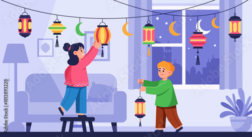 Children Celebrating Lunar Festival with Colorful Lanterns Indoors During Night