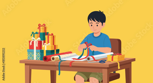 child assembling a gift-wrapping project with colorful presents and craft