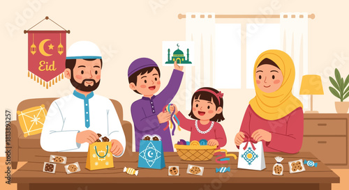 joyful family celebration of eid with children and parents engaging in gift