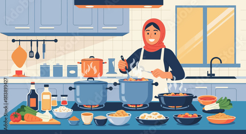 Joyful woman cooking multiple dishes in a bright modern kitchen with fresh