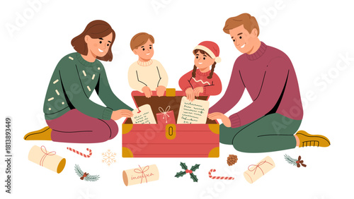 Holiday Gathering: A family joyfully gathers, their faces alight with excitement as they delve into a chest overflowing with festive treasures and written wishes.