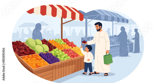family shopping at a vibrant outdoor fruit and vegetable market under colorful