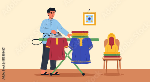 Young man preparing clothes and organizing laundry in modern home with stylish