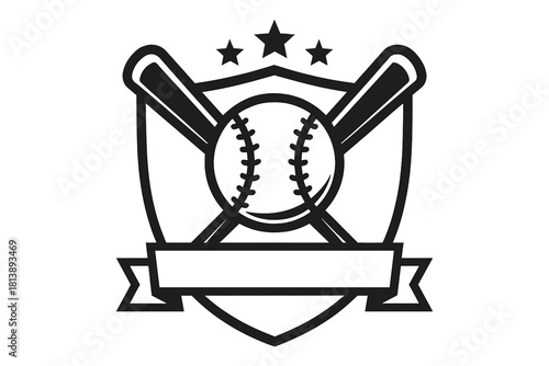 Monochrome baseball tournament crest with crossed bats, central ball, shield outline, and ribbon banner
