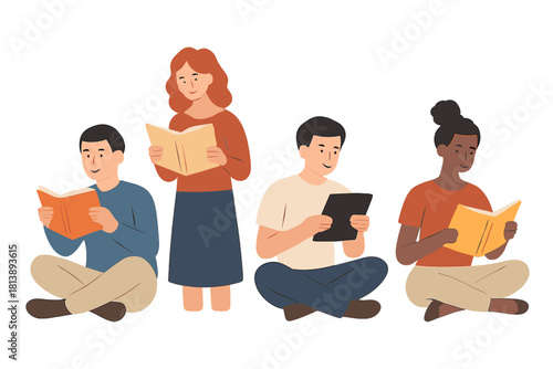 Diverse young people reading books and digital tablets for education and leisure