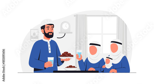 Muslim Man Serving Traditional Food to Two Women in a Modern Home Setting