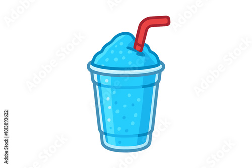 Refreshing icy blue frozen beverage in a transparent plastic cup with a red straw