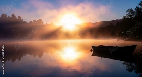 Dawn's Serenity: The image captures a serene morning on a misty lake, with the sun rising and casting a warm glow, as a boat gently floats, evoking peace and tranquility.