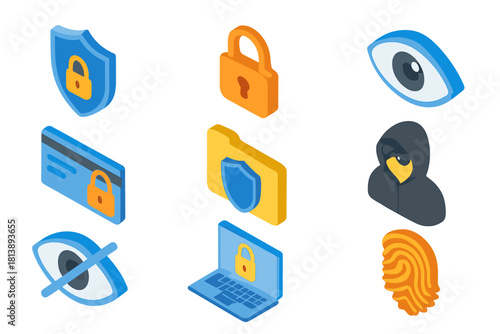 Isometric icons set illustrating digital security, data protection, and online privacy concepts