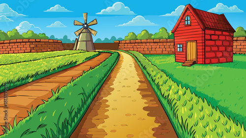 Deep rural Asian village under a warm sunset behind a giant ancient tree vector illustration ai generated art