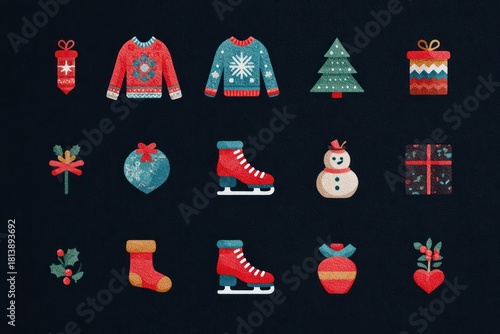 Christmas flat icon set featuring sweater, skates, and holiday symbols