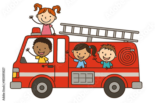 Cheerful group of diverse children riding a red fire engine and waving their hands