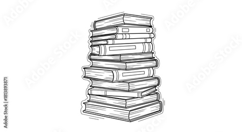 Pile of books in black and white sketch style illustration for education.