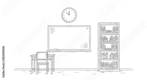 School classroom interior with clock whiteboard desk and bookshelf.