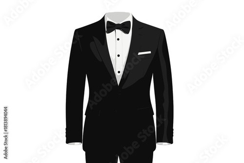 Classic black tuxedo suit with bow tie and pleated white shirt for formal events