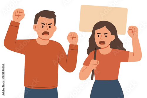 Furious demonstrators raising fists and screaming during a public rally for social change